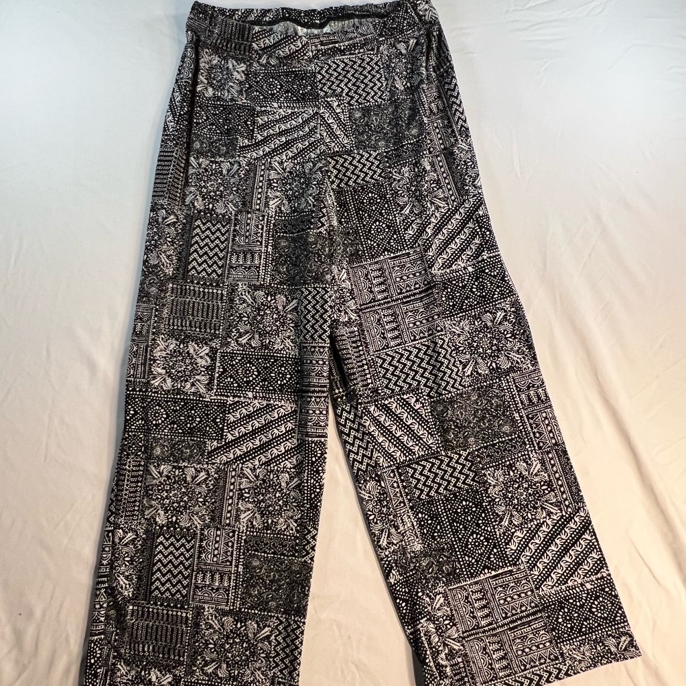 Coldwater Creek Black White Print Pull-On Wide Leg Pants Stretch Dressy